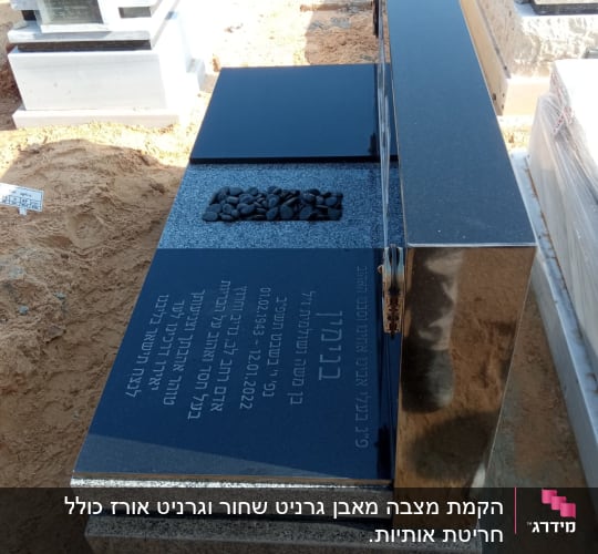 מצבות שחורות עם כיתוב ואבנים קטנות מונחות